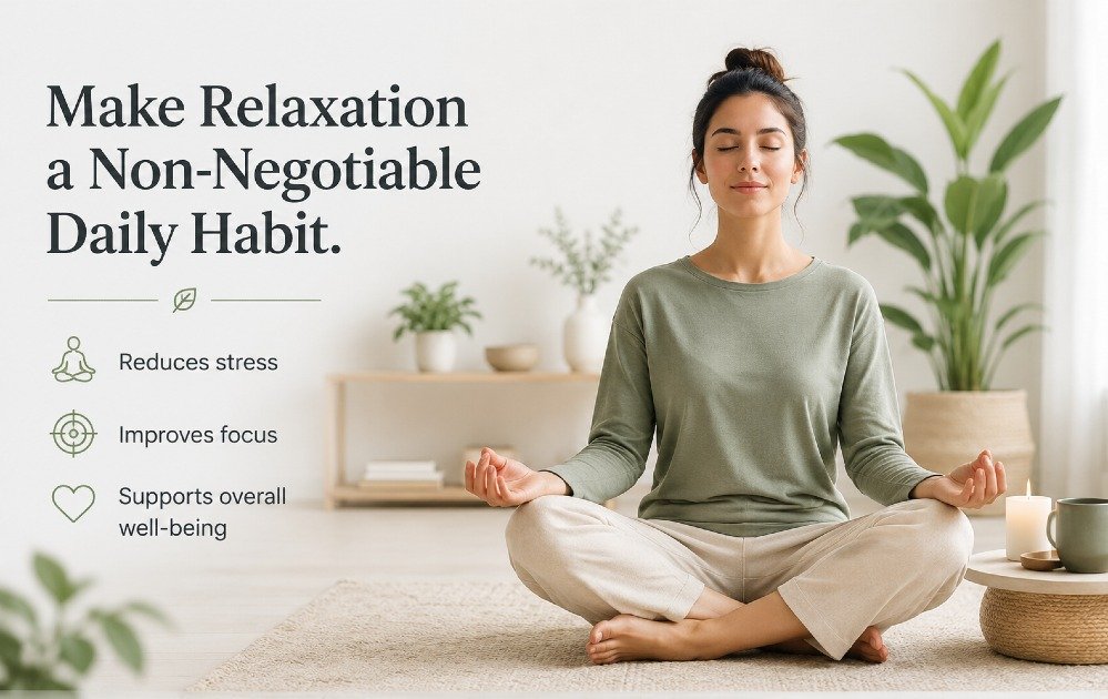 Person practicing mindful relaxation in a calm setting to reduce stress, improve focus, and support overall well-being.