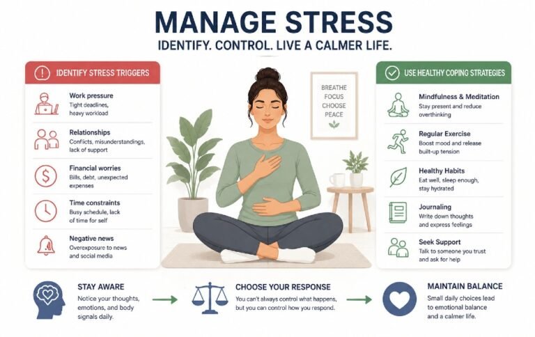 Person practicing mindfulness while identifying stress triggers and using healthy coping strategies to maintain emotional balance and reduce daily stress.