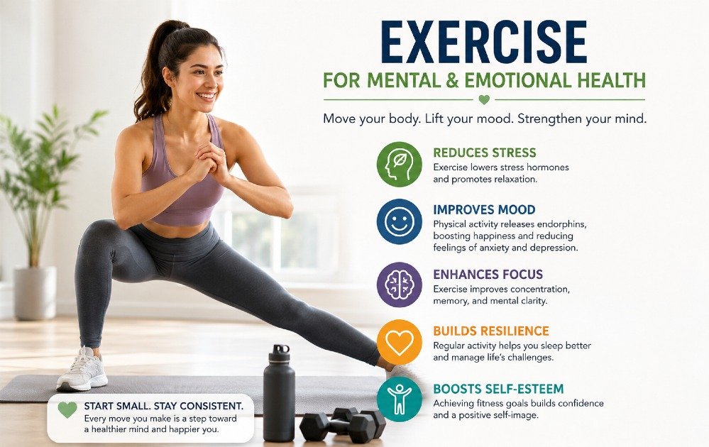 Person exercising to support mental and emotional health, reducing stress and improving mood and focus.