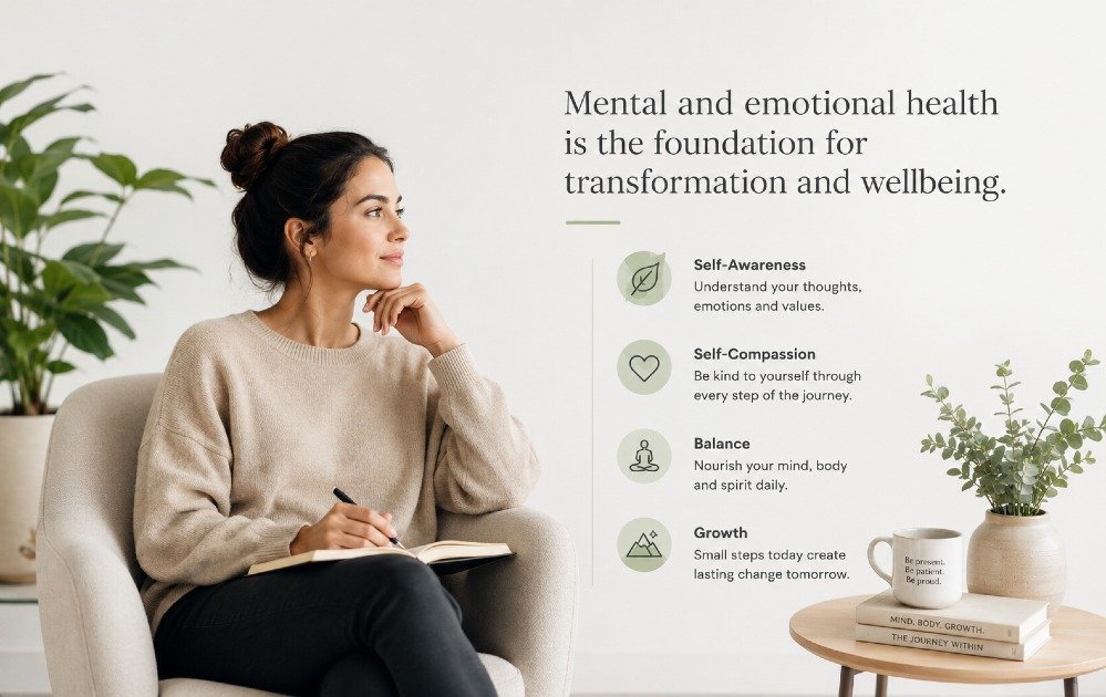 Person reflecting calmly, symbolizing mental and emotional health as a foundation for personal transformation and overall wellbeing