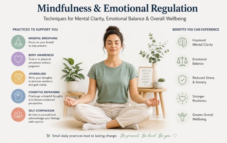 Person practicing mindfulness and emotional regulation techniques to support mental clarity, emotional balance, and overall wellbeing.