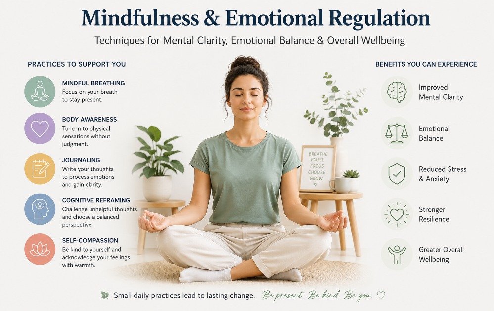 Person practicing mindfulness and emotional regulation techniques to support mental clarity, emotional balance, and overall wellbeing.