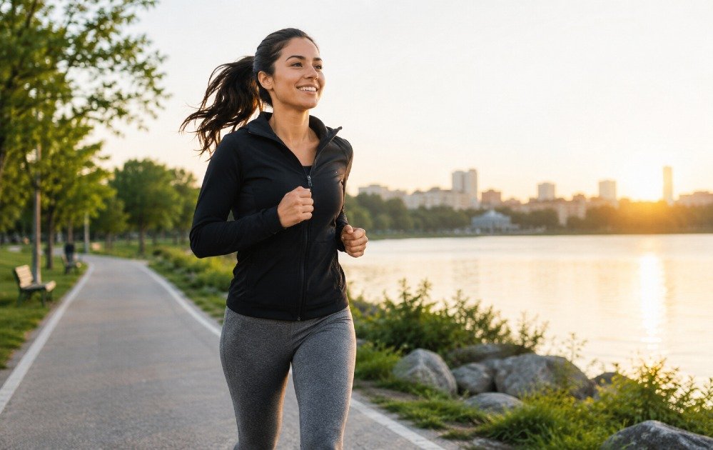 Person jogging outdoors to improve mood, reduce stress, and support overall mental well-being through regular exercise.