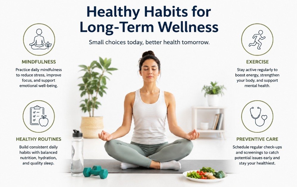 Person practicing healthy habits through mindfulness, exercise, and routine preventive care to support long-term mental and physical wellness.