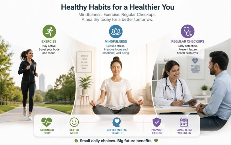 Person practicing healthy habits through mindfulness, exercise, and regular wellness checkups to support mental health and prevent future health problems.