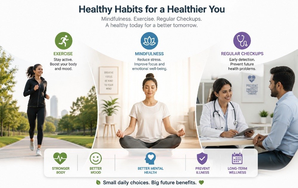 Person practicing healthy habits through mindfulness, exercise, and regular wellness checkups to support mental health and prevent future health problems.