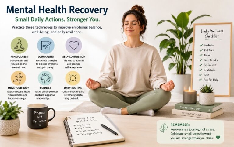 Person practicing mental health recovery techniques to improve emotional balance, well-being, and daily resilience.