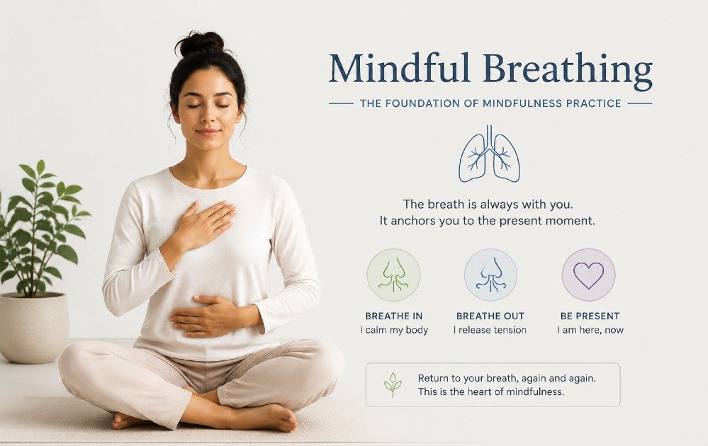Person practicing mindful breathing with calm posture, focusing on breath as the foundation of mindfulness practice.