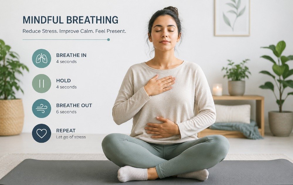 Person practicing mindful breathing to reduce stress and improve emotional calm
