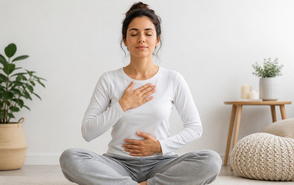 Person practicing mindful breathing with eyes closed, promoting stress relief and mental calm.