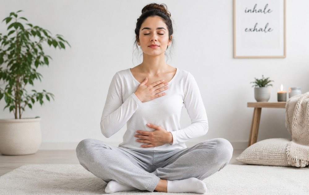 Person practicing mindful breathing techniques to reduce stress and restore calm focus