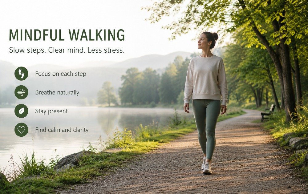 Person practicing mindful walking outdoors, focusing on slow intentional steps to achieve mental clarity and reduce stress.