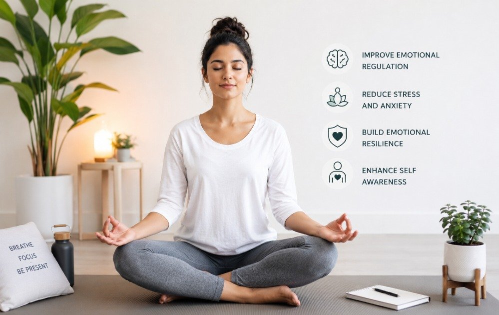 Person practicing mindfulness meditation to improve emotional regulation, reduce stress, and build emotional resilience.