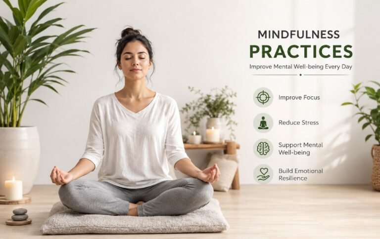 Person practicing mindfulness meditation in a calm setting to improve focus, reduce stress, and support mental well-being.