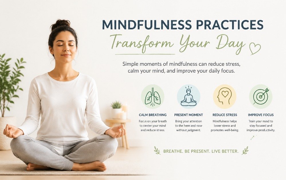 Person practicing mindfulness meditation with calm breathing to reduce stress and improve daily focus