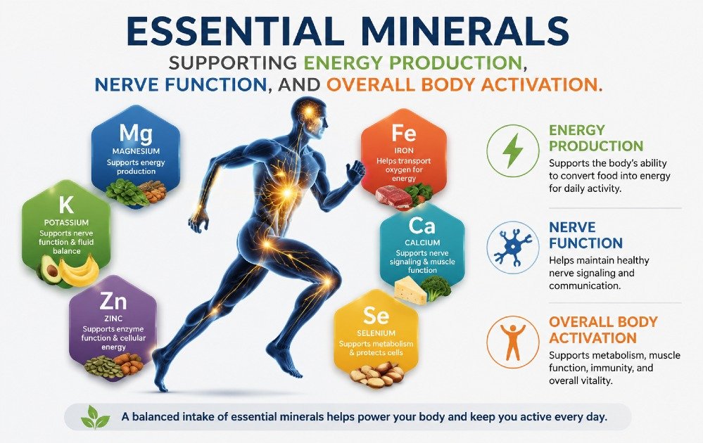 Essential minerals supporting energy production, nerve function, and overall body activation.