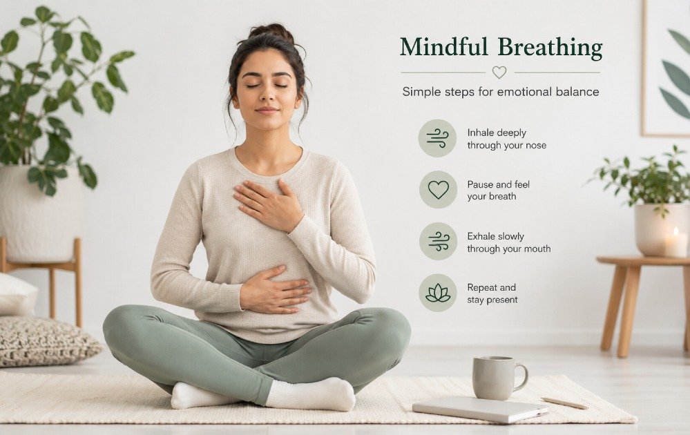 Person practicing calm breathing and mindfulness to support mood and emotional stability