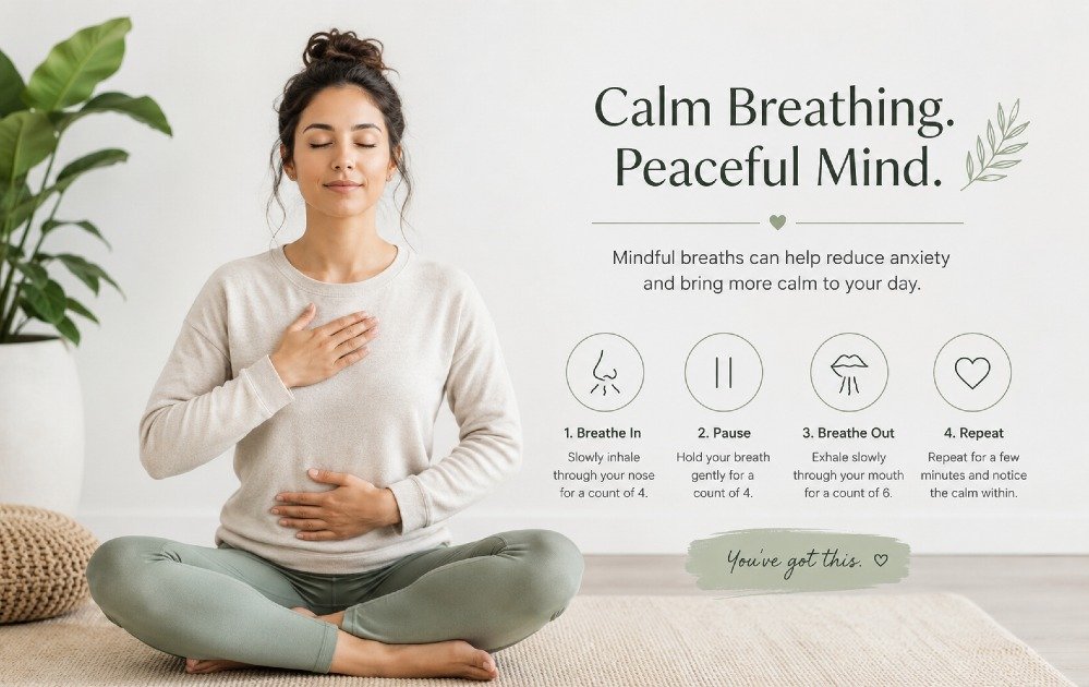 Person practicing calm breathing and mindfulness to naturally reduce anxiety symptoms.