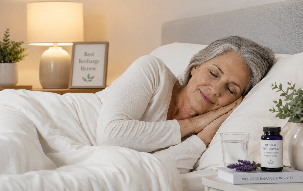 Person sleeping peacefully in a calm bedroom, symbolizing natural sleep support for healthy aging and improved quality of life.