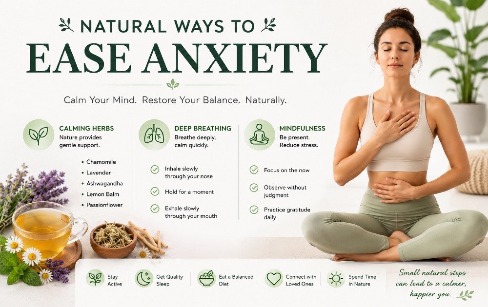 Natural methods to ease anxiety including calming herbs, deep breathing, and mindfulness techniques for stress relief