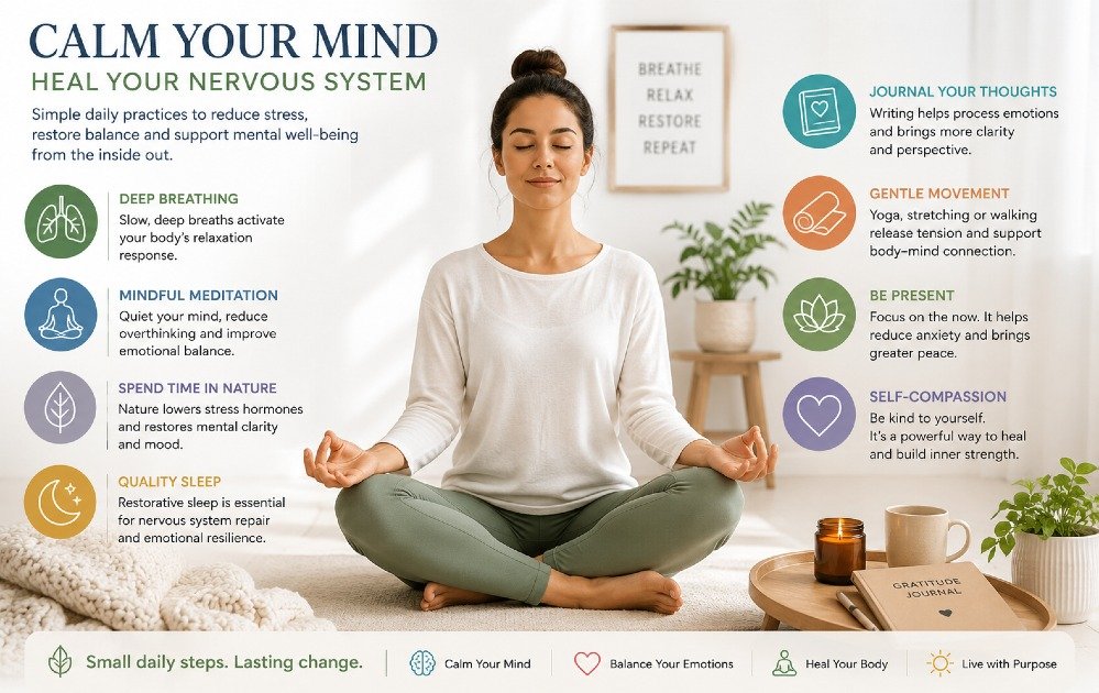 Person practicing calming techniques that support nervous system recovery and improve mental health balance.