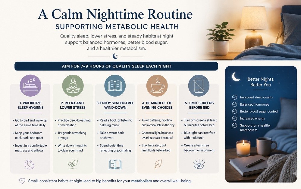 Calm nighttime routine supporting metabolic health, including sleep hygiene, relaxation habits, and screen-free wind-down practices.