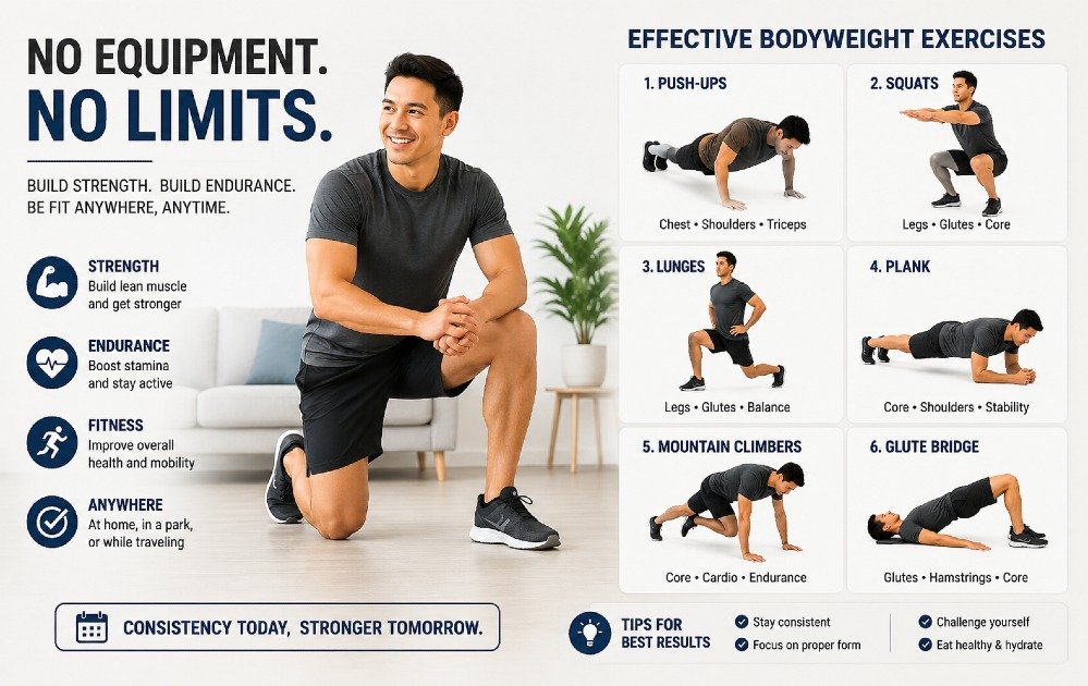 Person performing effective no-equipment bodyweight exercises at home to build strength, endurance, and overall fitness anywhere, anytime.