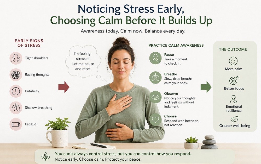 Person recognizing early signs of stress and practicing calm awareness before tension builds up.