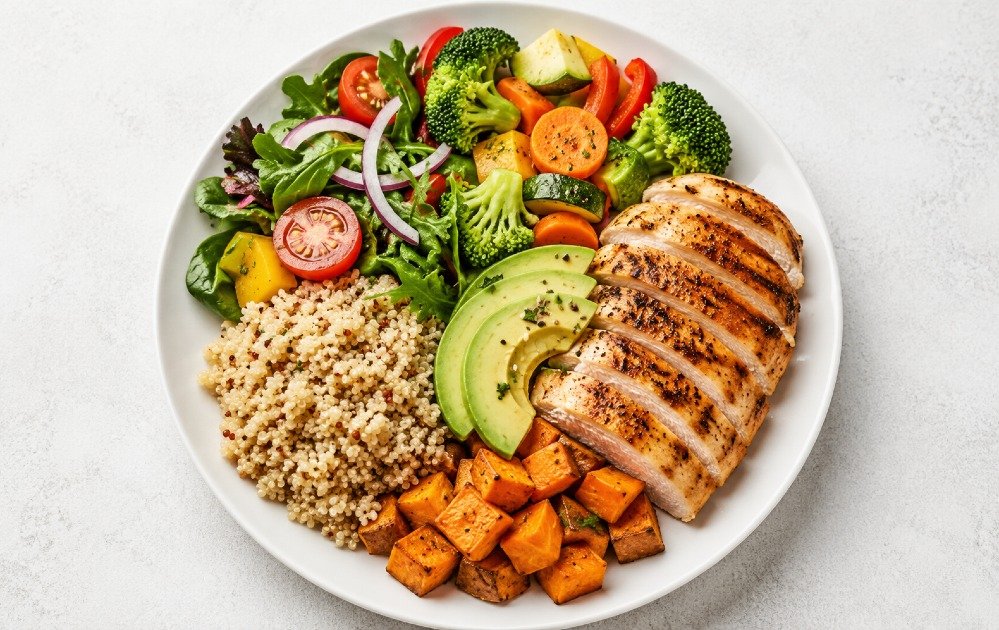 Balanced nutritious meal with vegetables, grains, and protein promoting healthy eating and overall wellness.