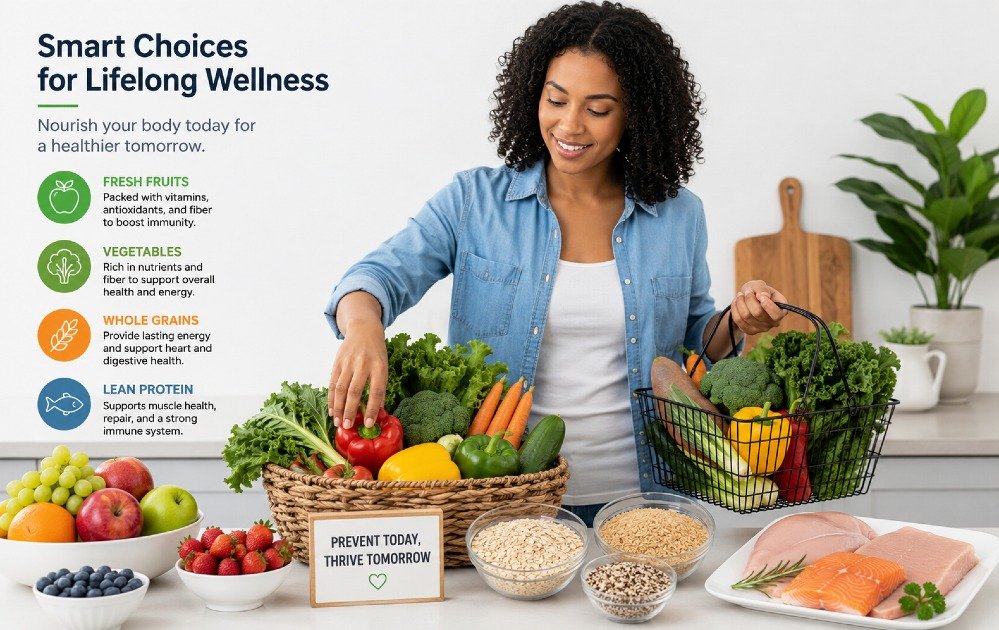 Person choosing fresh fruits, vegetables, whole grains, and lean protein to support preventive health and long-term wellness.