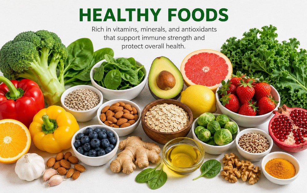 Healthy foods rich in vitamins, minerals, and antioxidants that support immune strength and protect overall health.