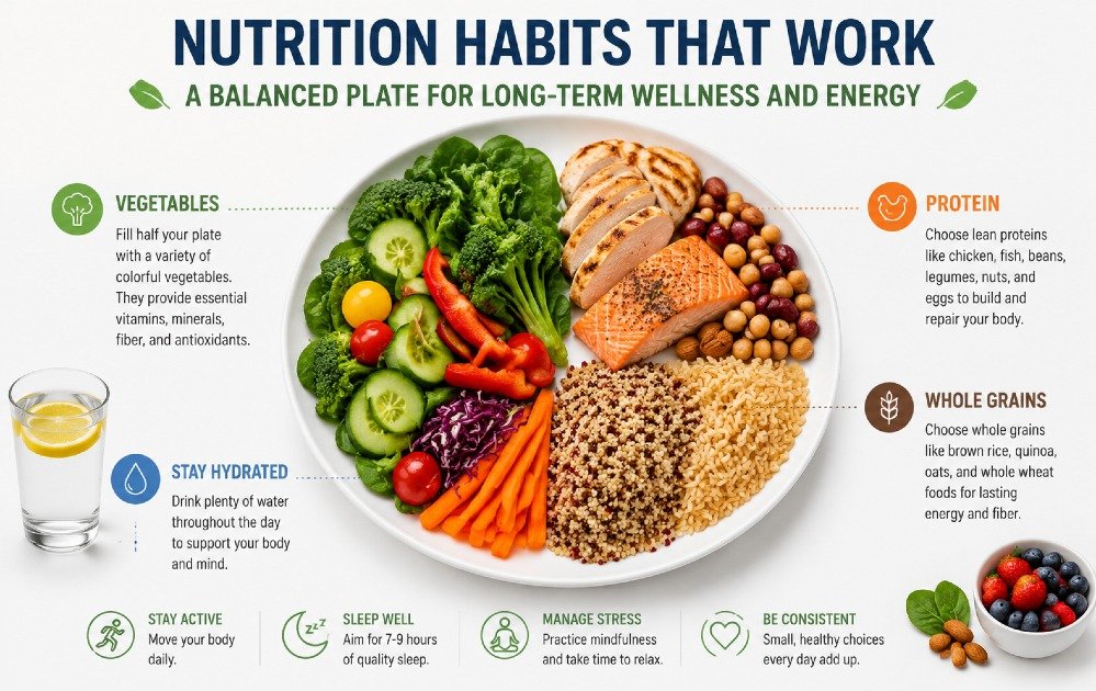 Balanced plate showing healthy nutrition habits for long-term wellness and energy