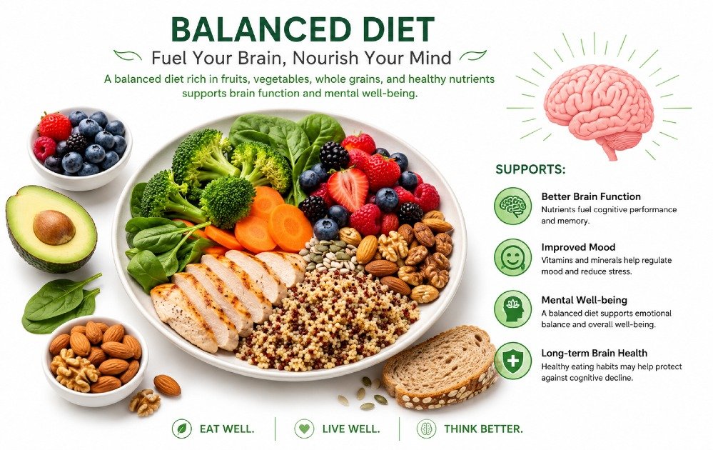 Balanced diet with fruits, vegetables, and whole grains supporting brain function and mental well-being