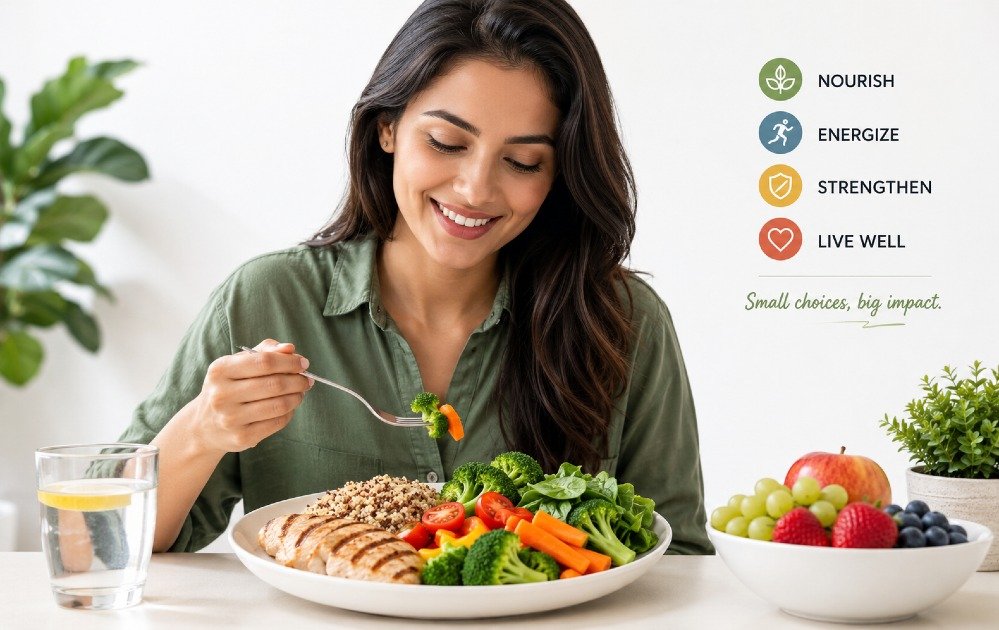Person enjoying a balanced meal with fresh fruits, vegetables, whole grains, and lean protein to support preventive health and long-term wellness.