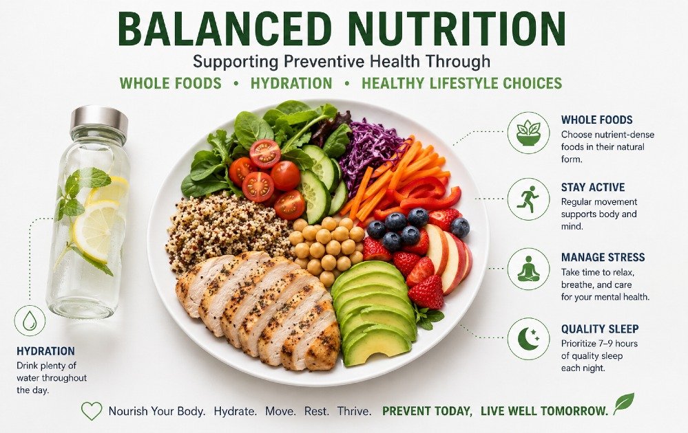 Balanced nutrition supporting preventive health through whole foods, hydration, and healthy lifestyle choices.