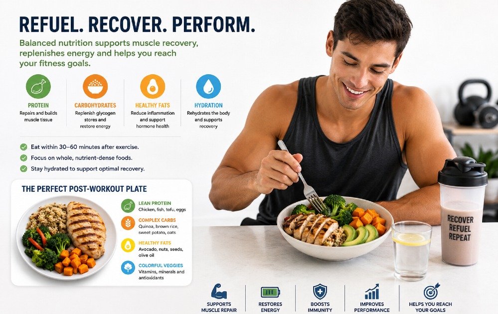Athlete refueling with balanced nutrition after exercise to support muscle recovery and fitness results