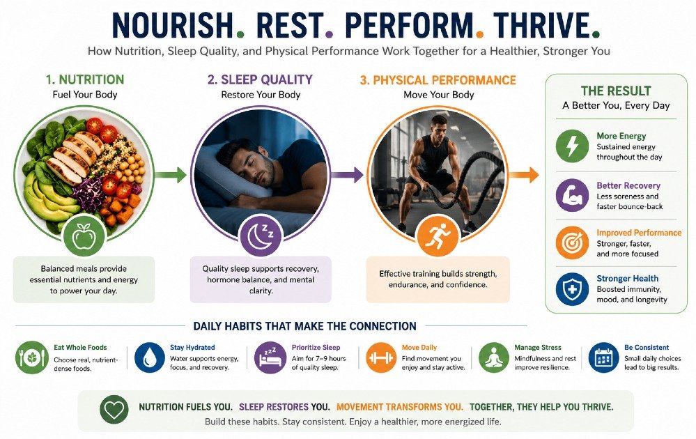Clear connection between nutrition, sleep quality, and physical performance showing how daily habits improve energy, recovery, and overall health.