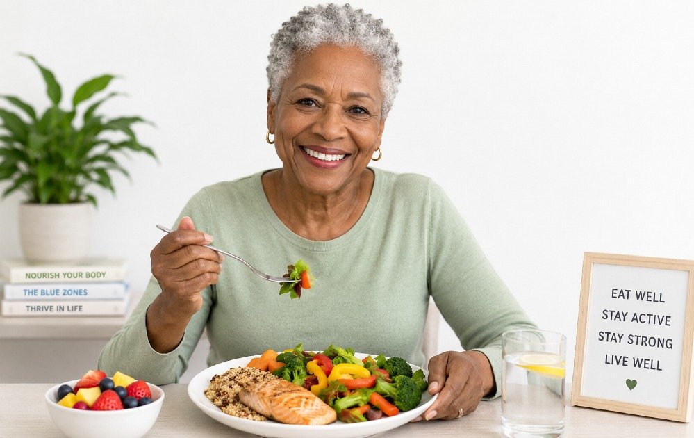 Older adult enjoying a balanced meal rich in fruits, vegetables, whole grains, and lean protein to support healthy aging and reduce disease risk.