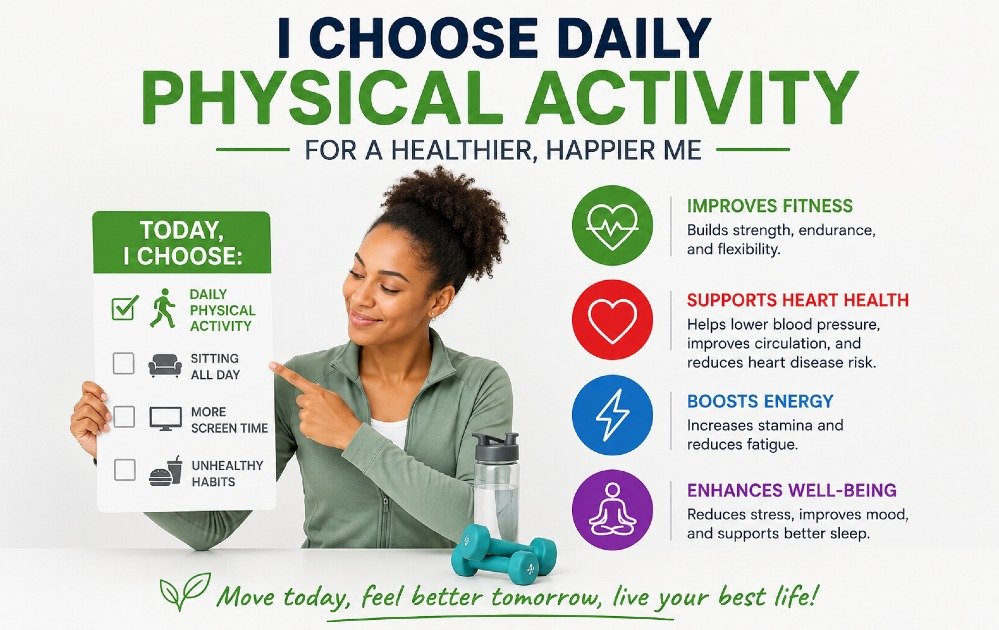 Person choosing daily physical activity to improve fitness, heart health, energy, and overall well-being.