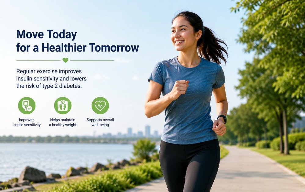 Person exercising outdoors to improve insulin sensitivity and lower the risk of type 2 diabetes.