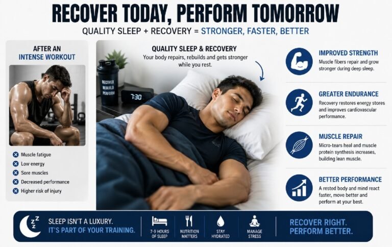 Athlete recovering after an intense workout, showing how quality sleep and recovery improve physical performance, strength, endurance, and muscle repair.