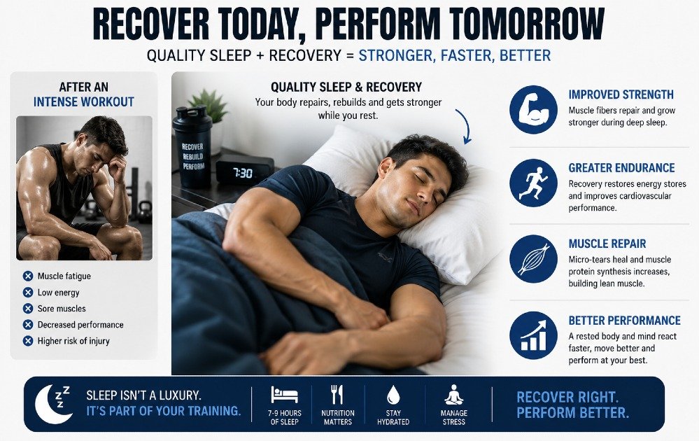 Athlete recovering after an intense workout, showing how quality sleep and recovery improve physical performance, strength, endurance, and muscle repair.