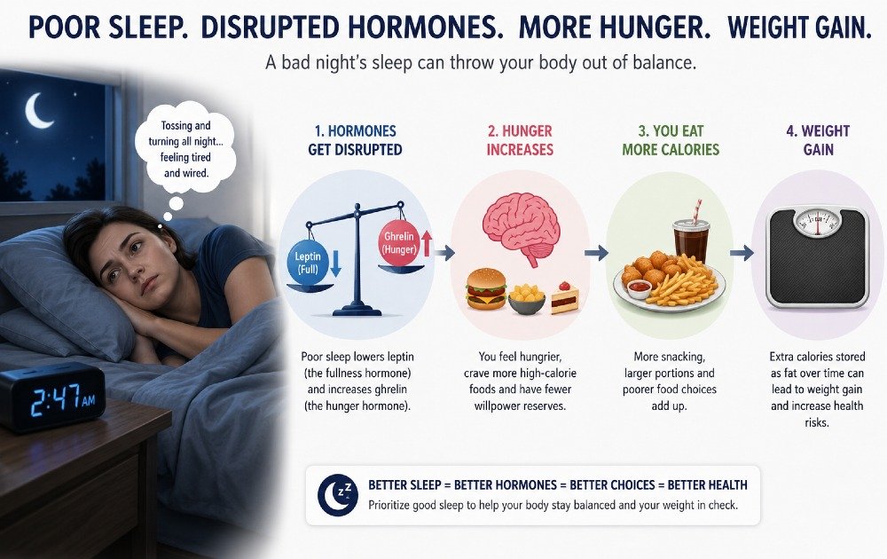 Person lying awake at night, illustrating how poor sleep can disrupt hormones, increase hunger, and contribute to weight gain.