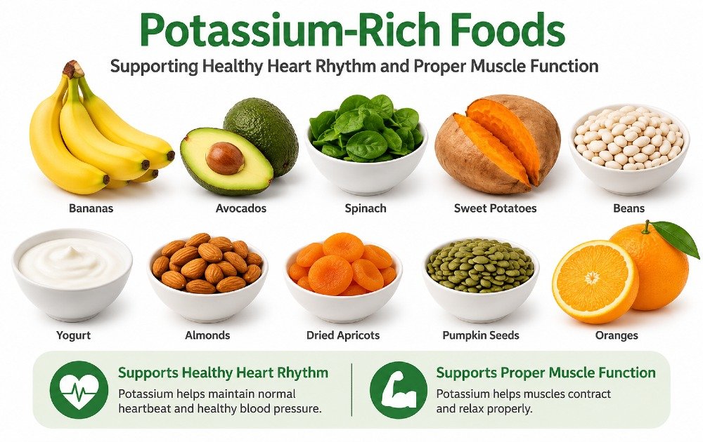 Potassium-rich foods supporting healthy heart rhythm and proper muscle function