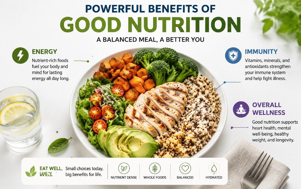 Balanced healthy meal showing the powerful benefits of good nutrition for energy, immunity, and overall wellness