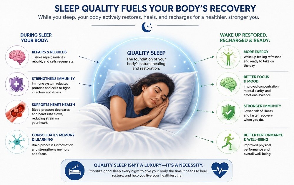 Illustration showing the powerful connection between sleep quality and the body’s natural recovery, healing, and restoration processes.