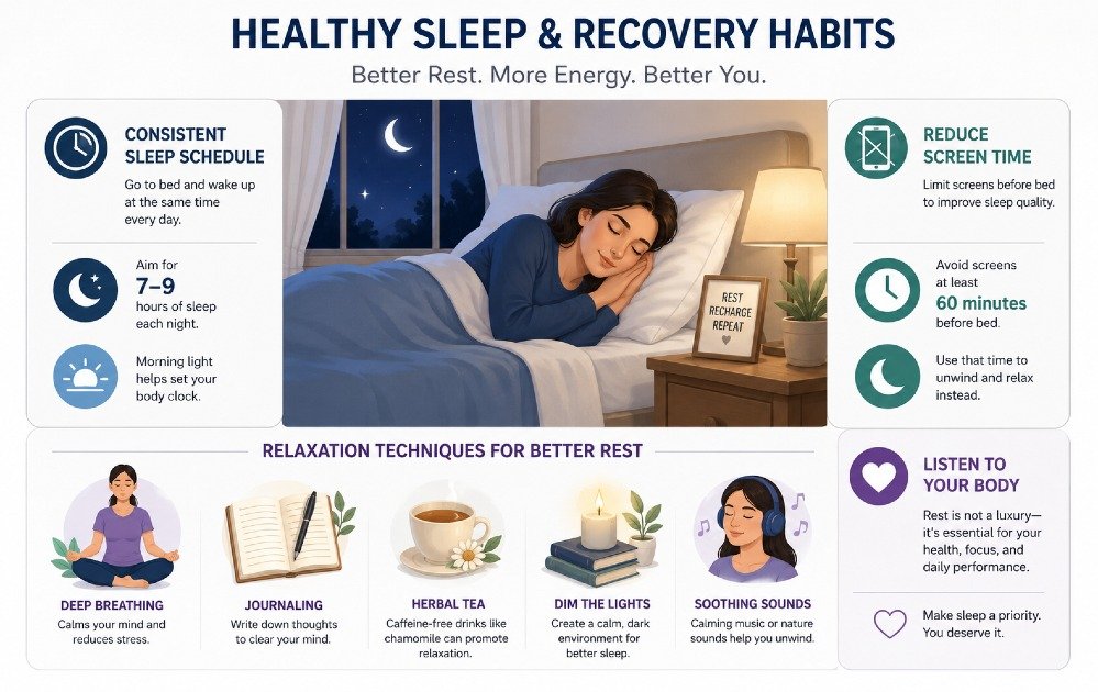 Person practicing healthy sleep and recovery habits, including consistent sleep schedule, reduced screen time, and relaxation techniques for better rest and energy recovery.