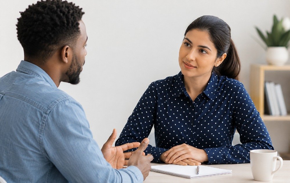 Two people engaged in conversation, one actively listening with full attention and eye contact
