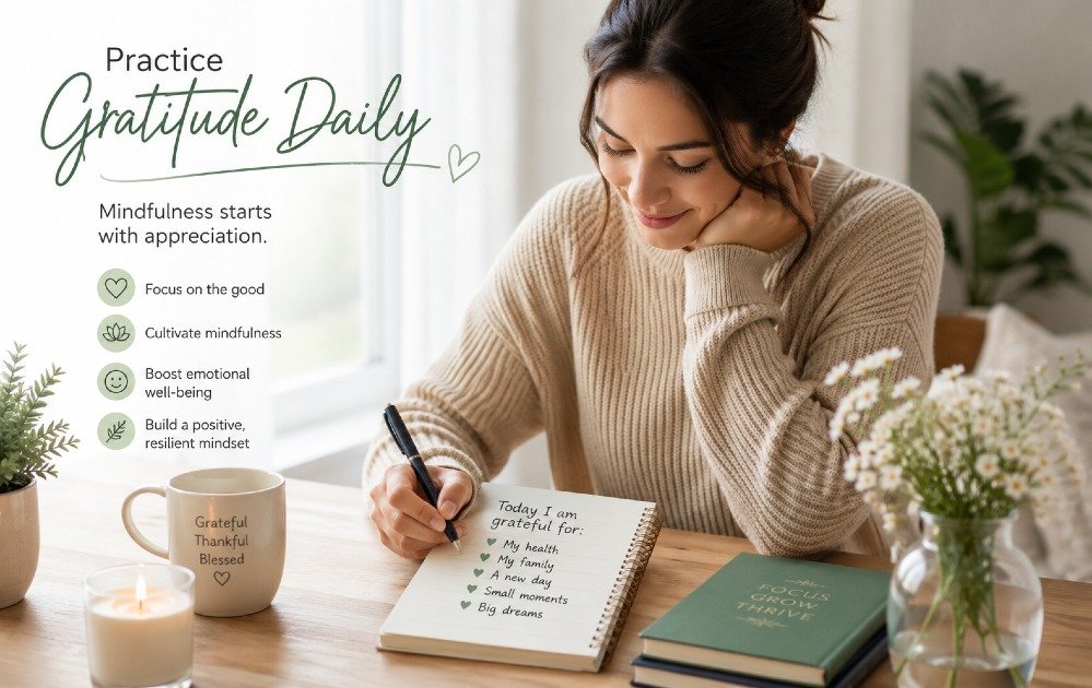 Person journaling in a calm morning setting, reflecting on daily gratitude to support mindfulness and emotional well-being.