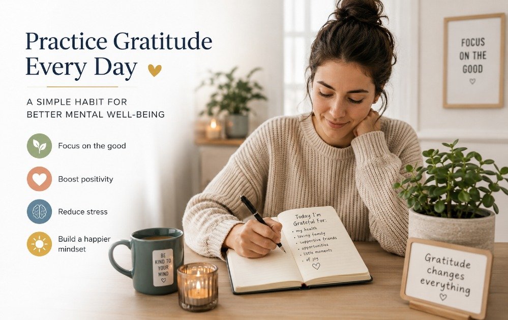 Person journaling in a calm space, practicing daily gratitude for improved mental well-being